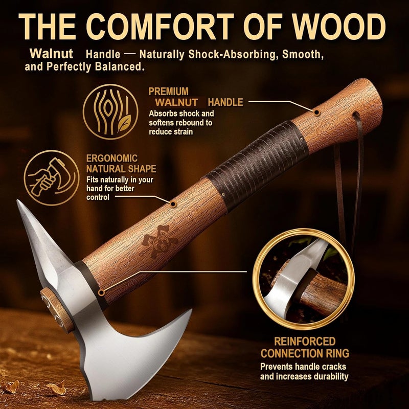 GRUMPY BEAR فأس بقاء 15" للتخييم - شفرة فولاذية عالية الكربون مصنوعة من خشب الجوز - مقبض مضاد للانزلاق - مثالي للبوشكرافت، تقسيم الخشب والمغامرات الخارجية - Image 3